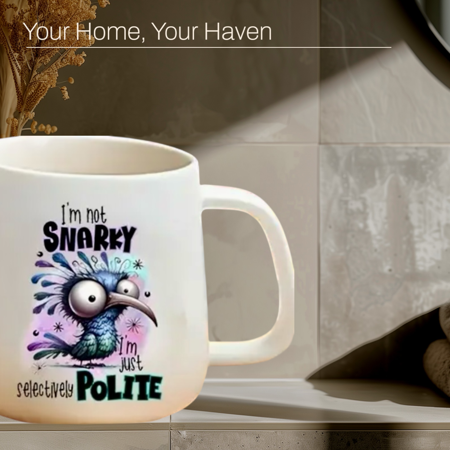Mug with a cartoon character and text - SNARKEY... on a surface with a blurred background