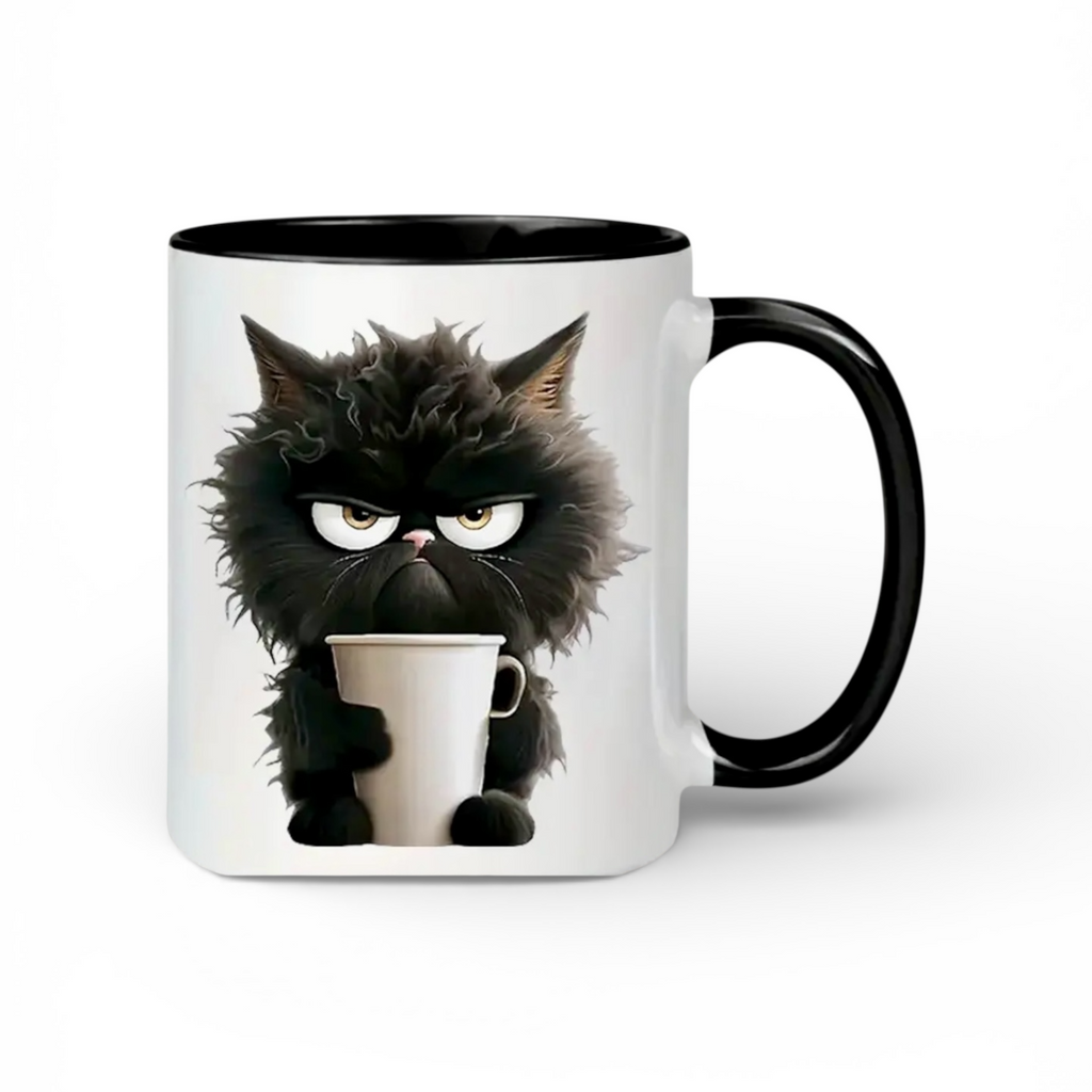 LT. handed 11oz mug with angry black cat holding a white cup