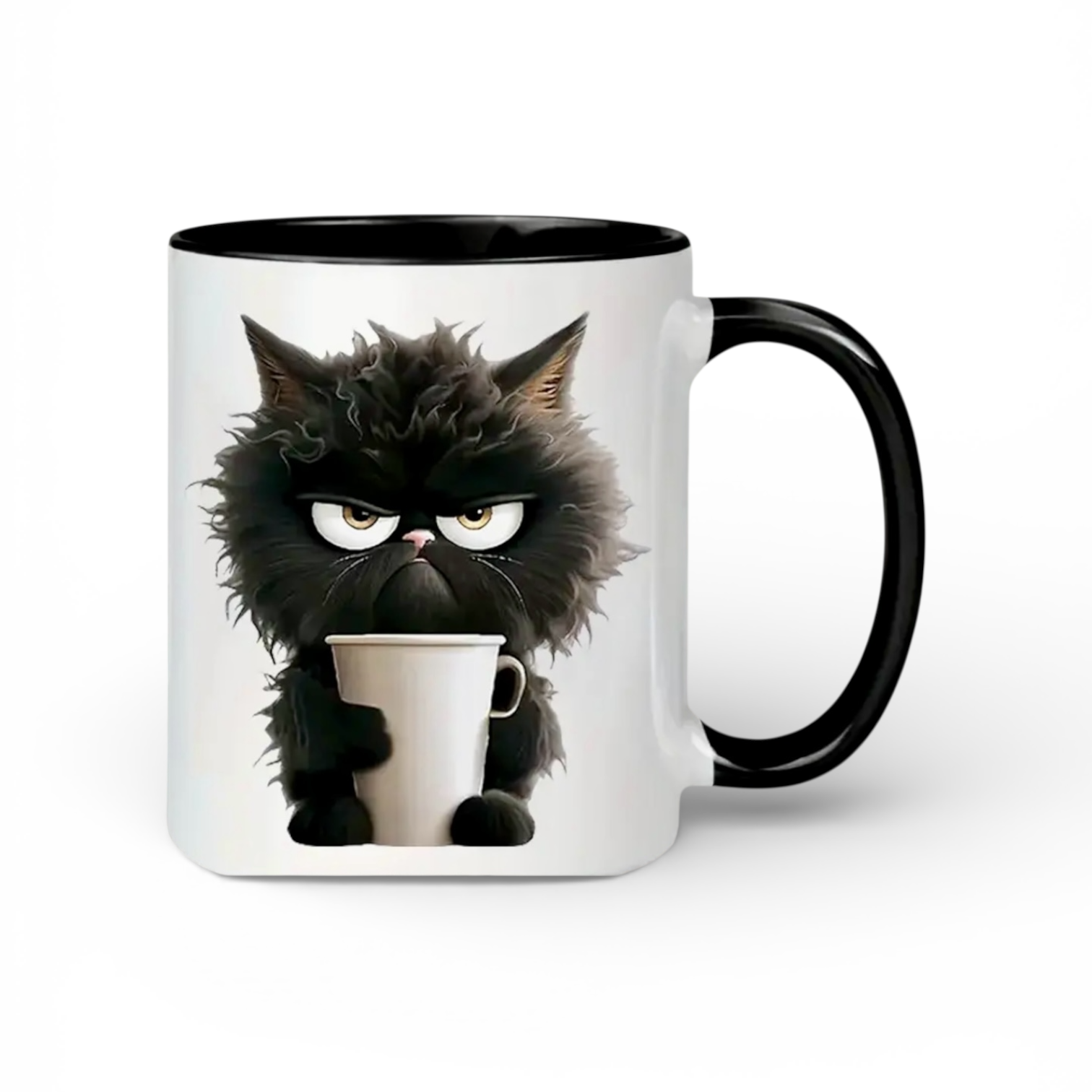 LT. handed 11oz mug with angry black cat holding a white cup