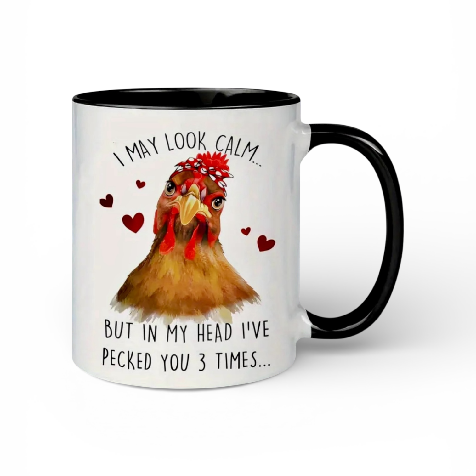 11 oz. Mug with a chicken illustration blk inside & handle and humorous text "peck..." on a white background