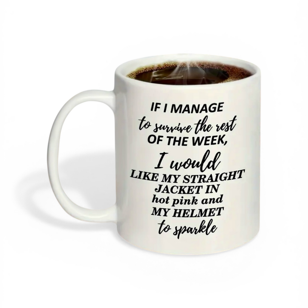 White mug with black text and coffee on a white background
