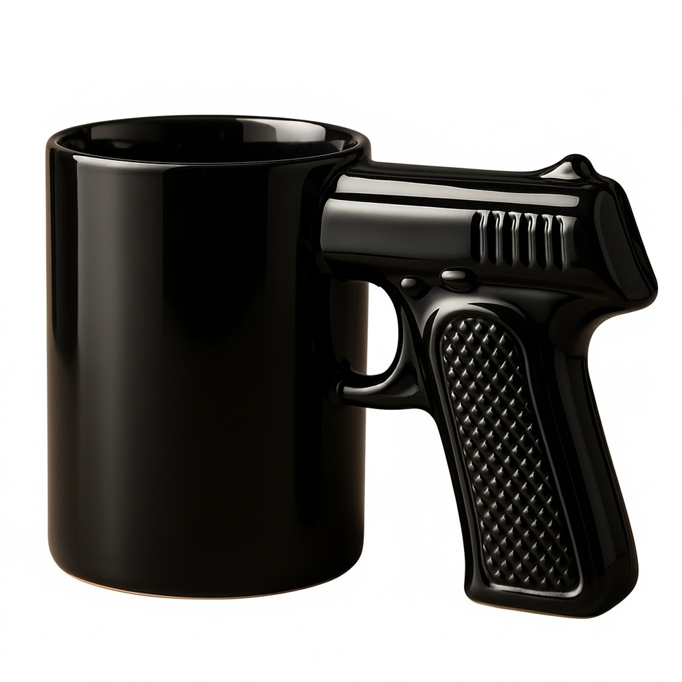 LFT or RT. handed 11oz. Black mug with a gun-shaped handle 