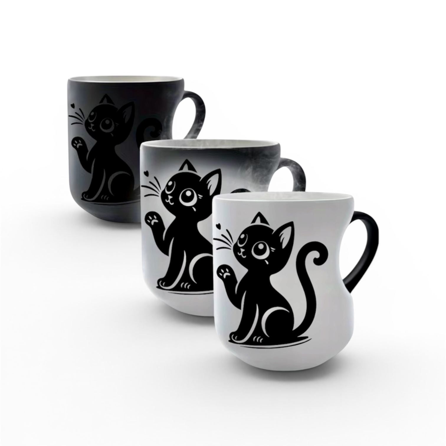 COLOR CHANGING mug with black cat illustrations on a white background