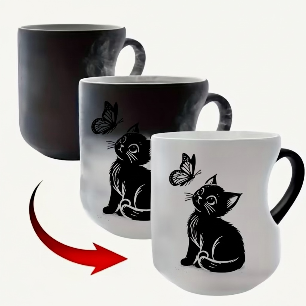 COLOR CHANGING mug with black cat and butterfly design
