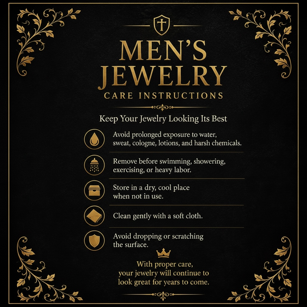 Men's jewelry care instructions on a black background with gold text and decorative elements.