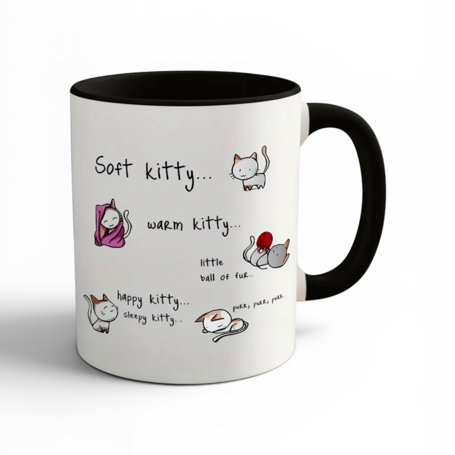 LT. Handed 11OZ.Mug with cartoon cat illustrations and text on a white background : "Soft kitty… “