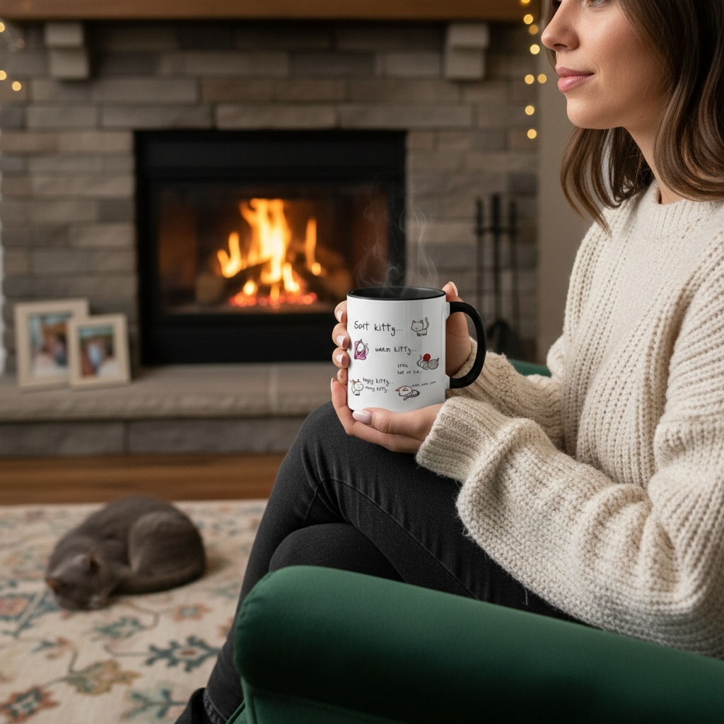 Woman holding a”Soft kitty …" mug in front of a fireplace with a cat lying on the floor.