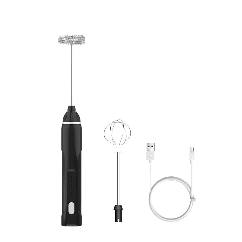 Black handheld frother with attachments on a white background
