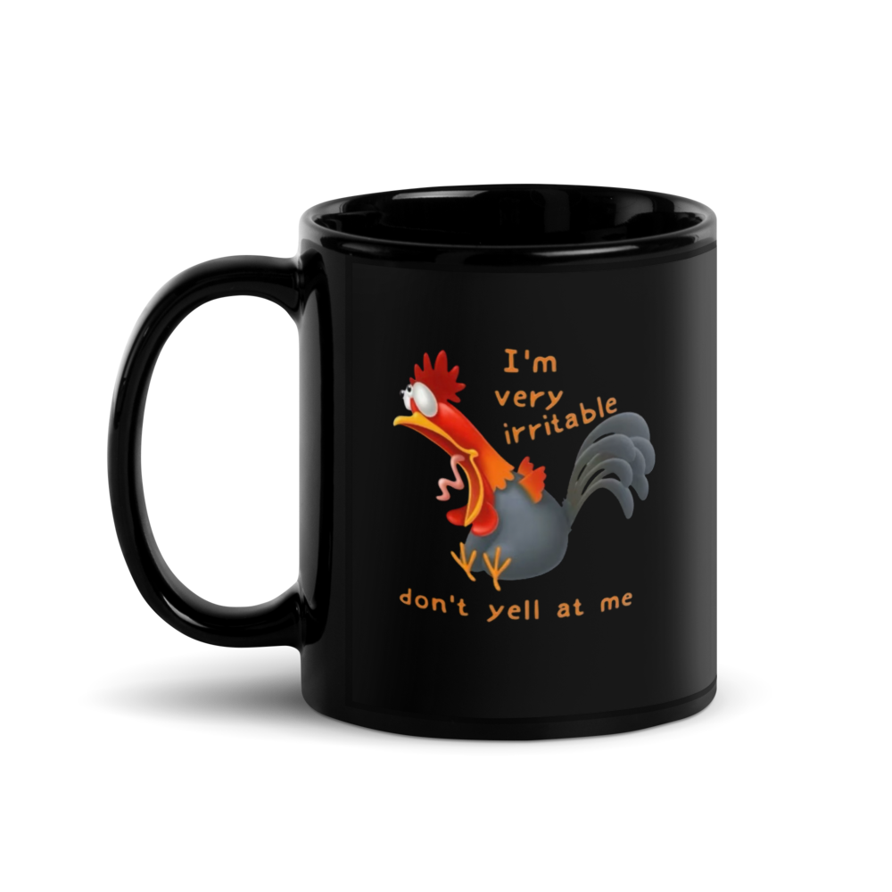 Black mug with a cartoon rooster and text
