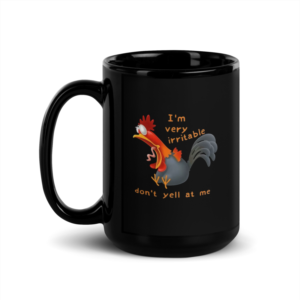 Black mug with a rooster illustration and text on a white background