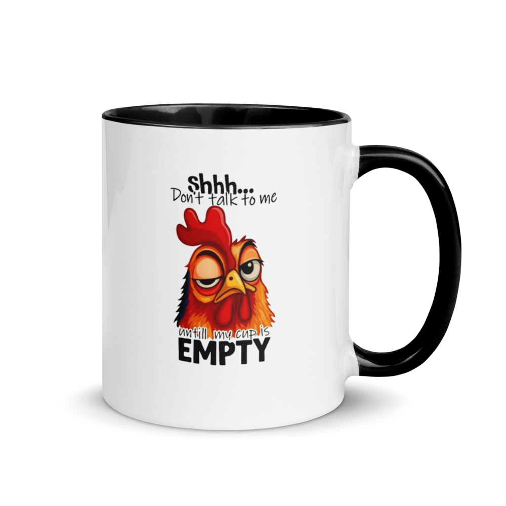 Mug with a rooster graphic and text on a white background