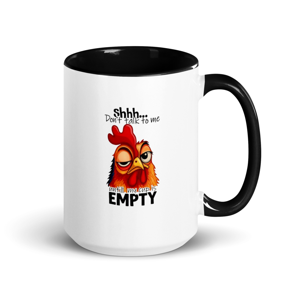 Mug with a rooster graphic and text on a white background