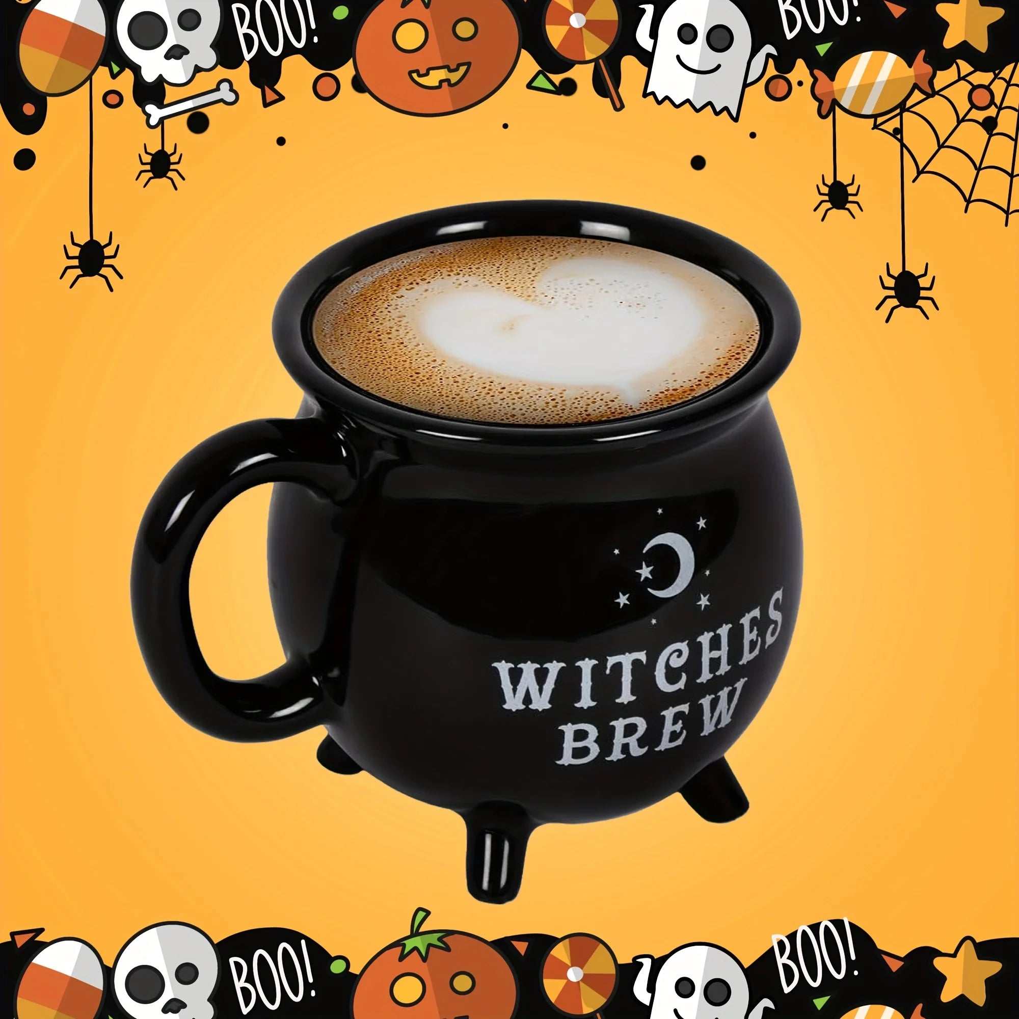 Black 'Witches Brew' mug with a Halloween-themed border