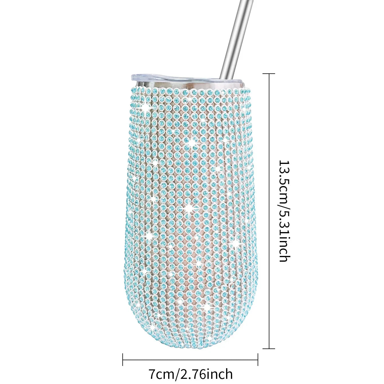 Tumbler with blue rhinestone embellishments and dimensions on a white background