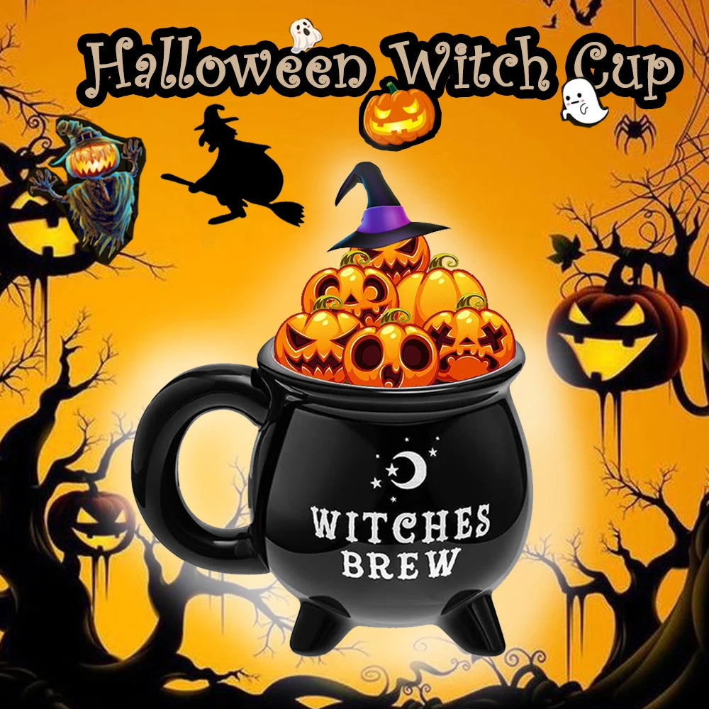 Halloween-themed mug with pumpkins and 'Witches Brew' text against a spooky background.