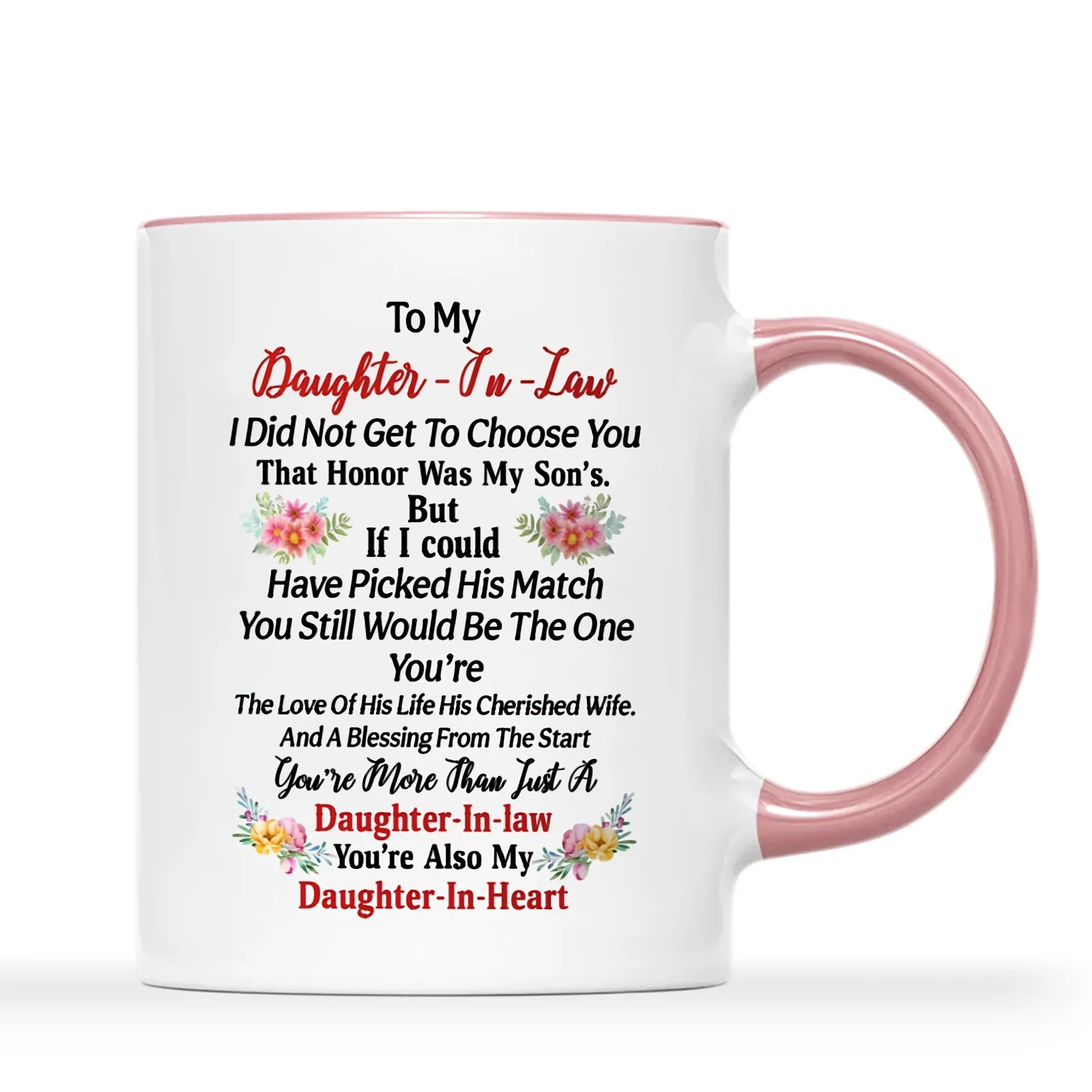 White mug with pink handle featuring a heartfelt message to daughter-in-law on a white background