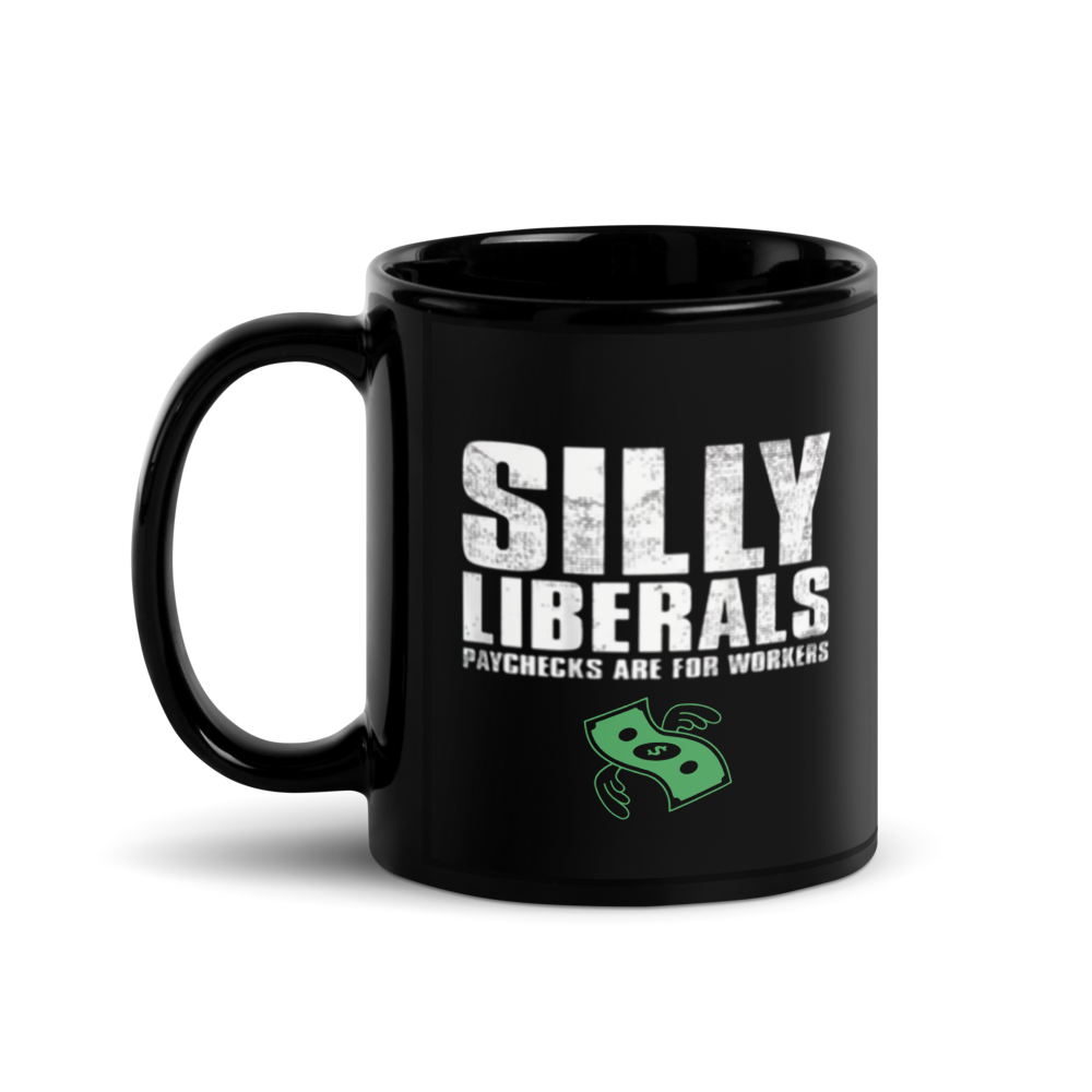 Black mug with white text and green dollar sign 