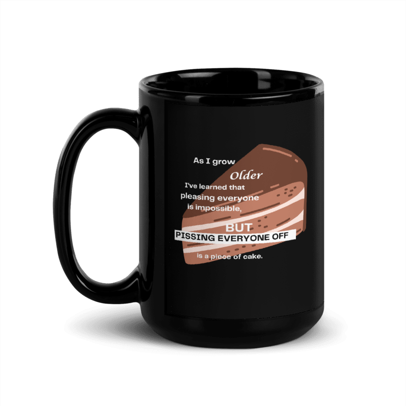 Black mug with humorous design and text