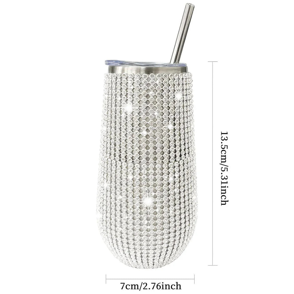 Decorative tumbler with rhinestone embellishments and a straw, with dimensions indicated.