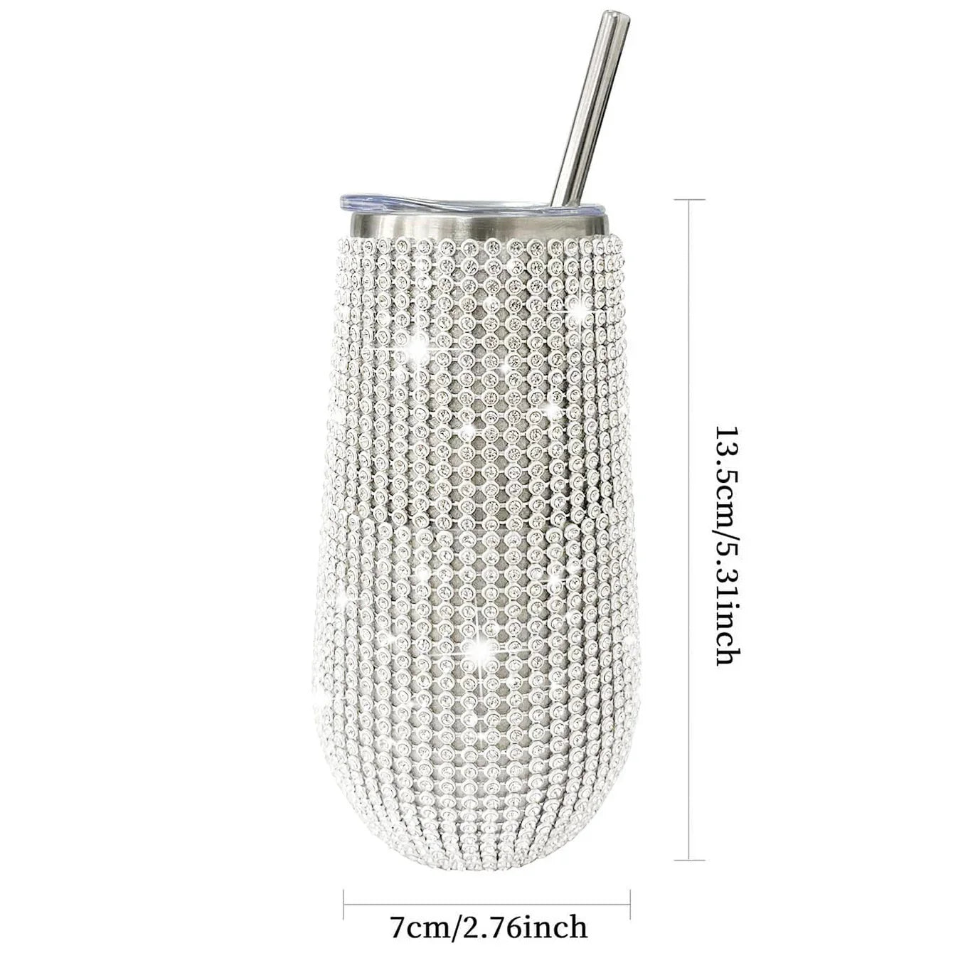 Decorative tumbler with rhinestone embellishments and a straw, with dimensions indicated.