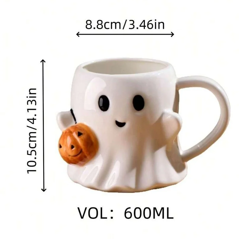 White ghost-shaped ceramic mug with a pumpkin decoration, shown with dimension arrows and text indicating 8.8cm width, 10.