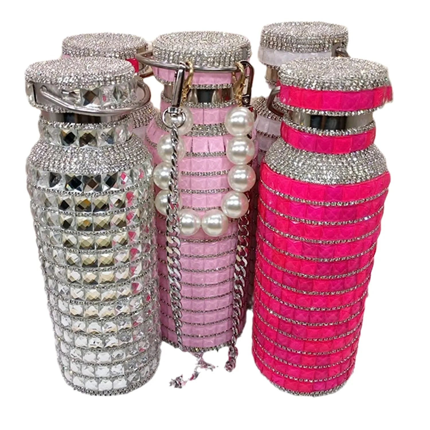 Blinged-out water bottles in silver, pink, and hot pink on a white background.