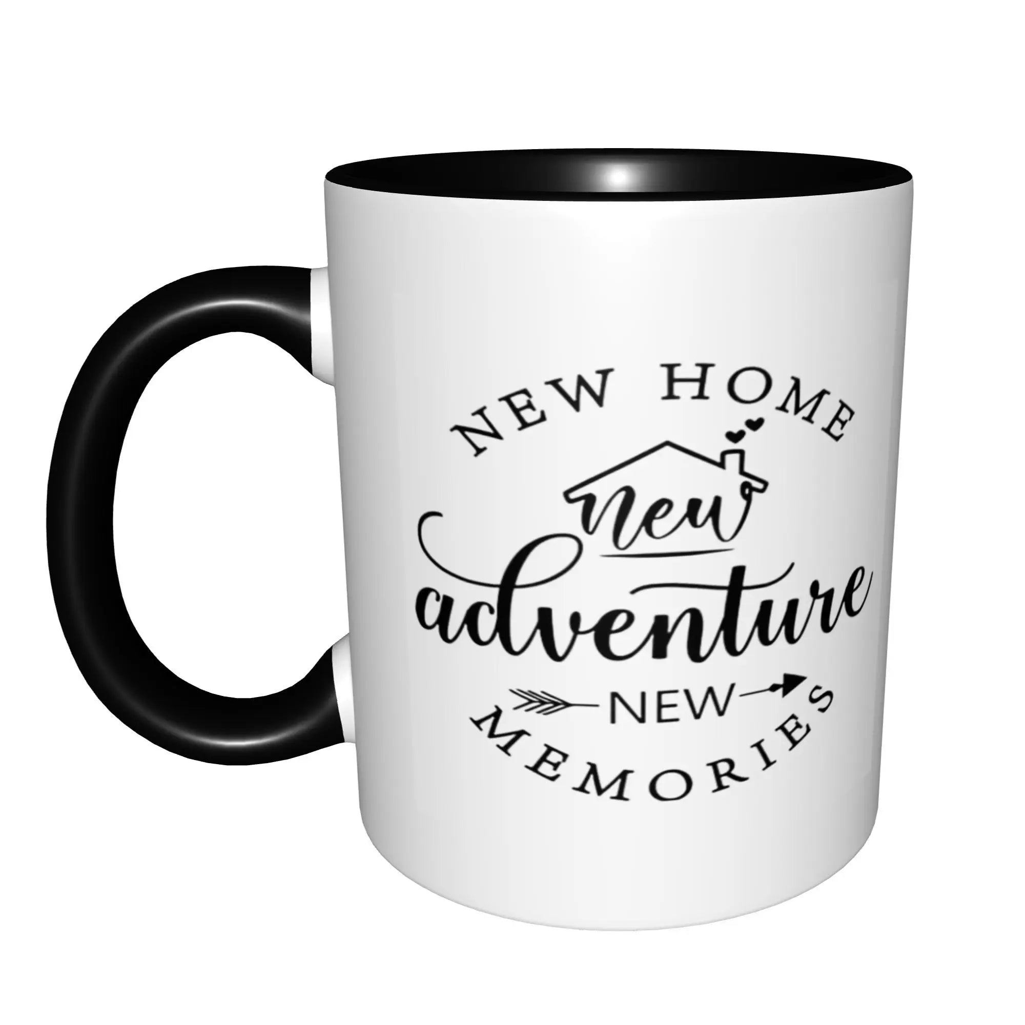 White mug with black interior and handle, featuring text 'New Home New Adventure New Memories' on a white background.