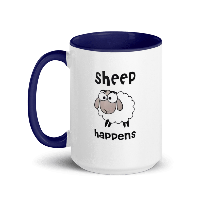 Mug with cartoon sheep and text 'Sheep happens' on a white background
