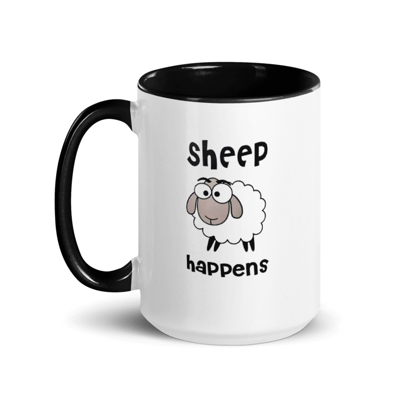 White mug with black handle and interior, featuring a cartoon sheep and 'Sheep happens' text on a white background.
