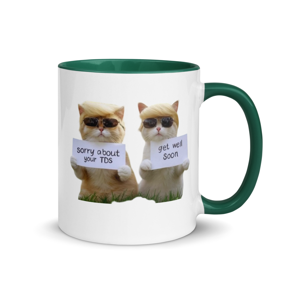 Mug with two cats holding signs on a white background