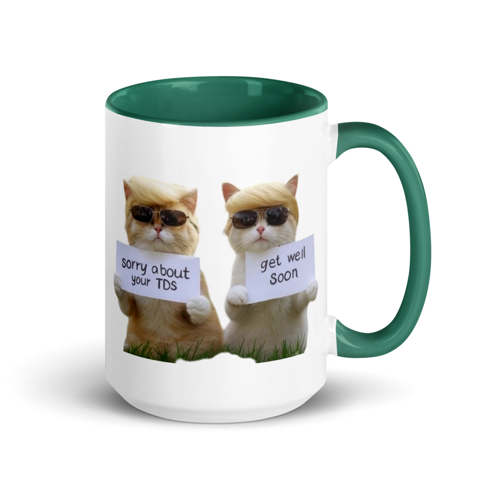 Mug with two cats holding signs on a white background
