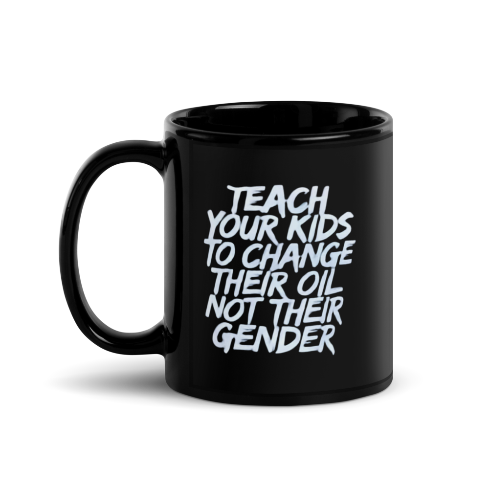 Black mug with white text