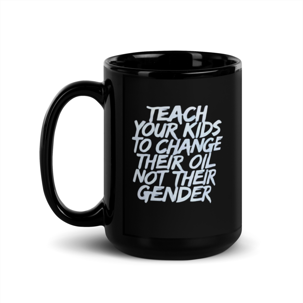 Black mug with white text 