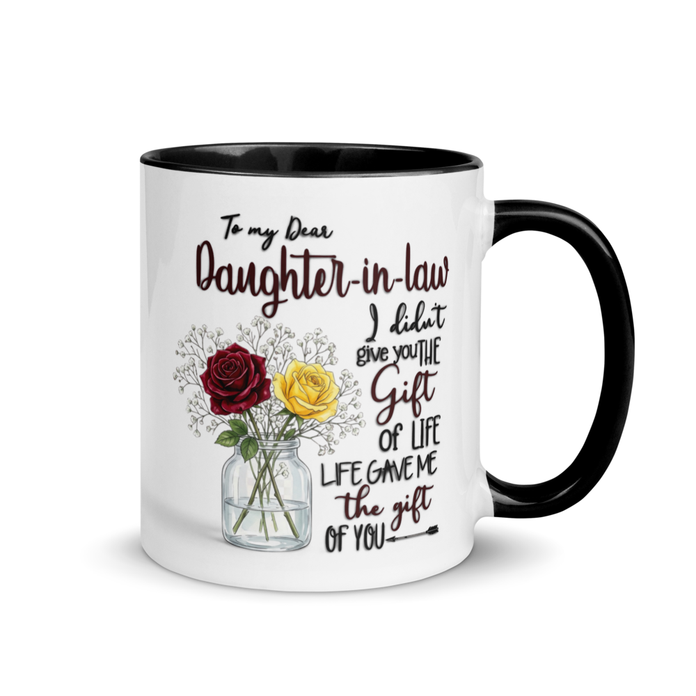 A white ceramic mug with a black interior and handle, featuring a printed message for a daughter-in-law and an illustration of red and yellow roses in a glass jar
