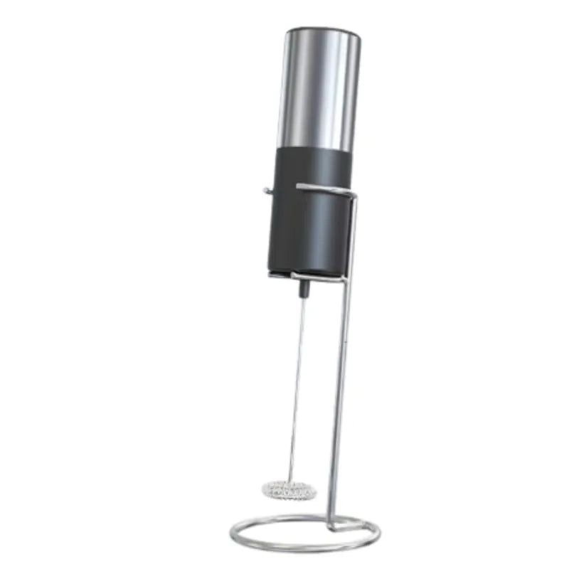 Black and silver frother with a silver bracket on a white background