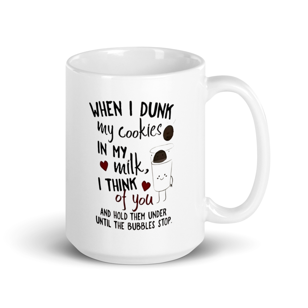 White mug with humorous text and graphics on a white background