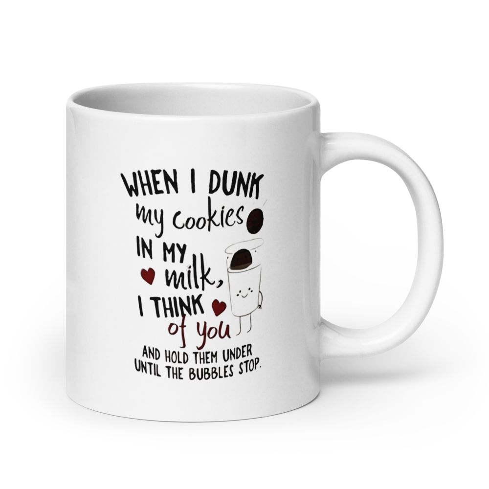 White mug with humorous text and graphics on a white background
