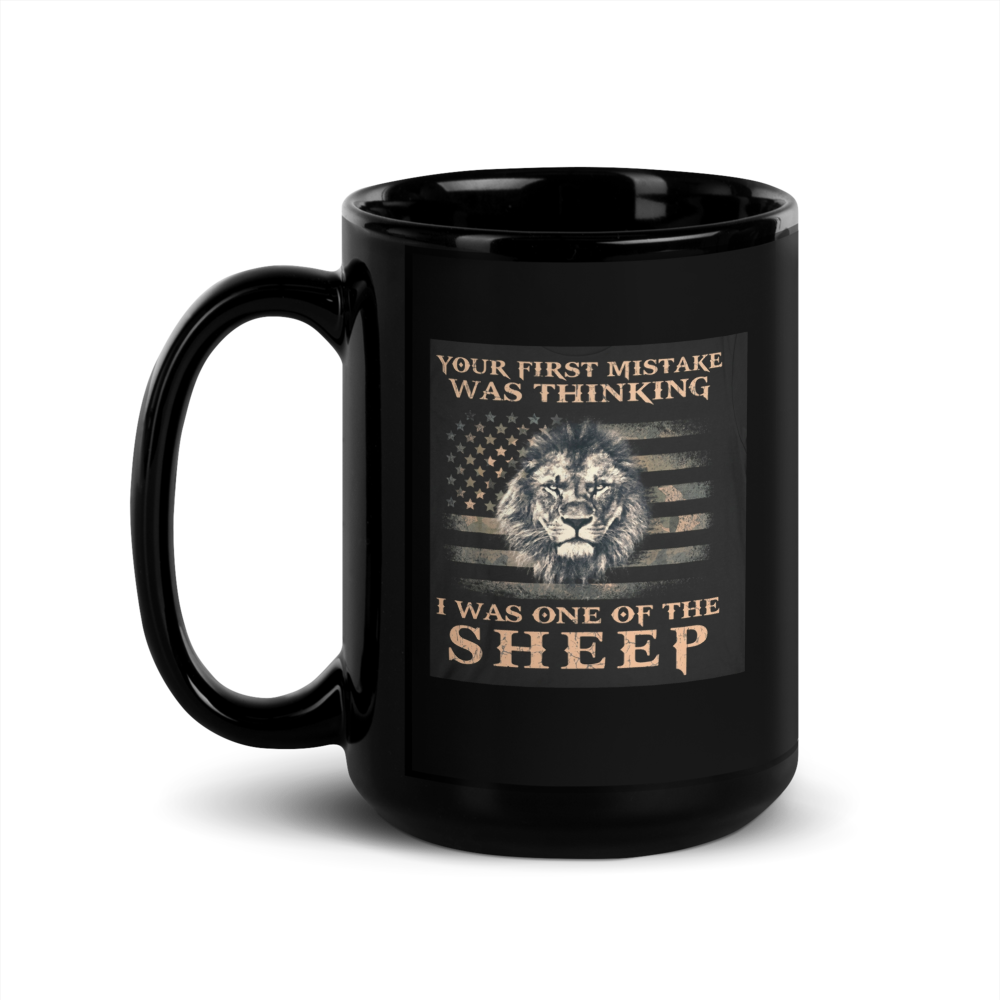 Black mug with a lion graphic and text 