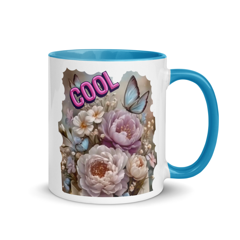 “Cool” Floral White Ceramic Mug (Light Blue Trim)