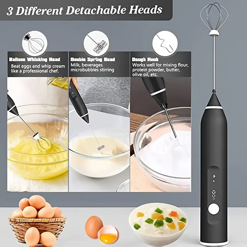 Black handheld mixer with three detachable heads and images demonstrating their use.