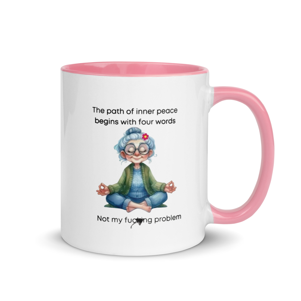 "Inner Peace Begins With… (Yoga Lady)" White Ceramic Mug with Color Inside
