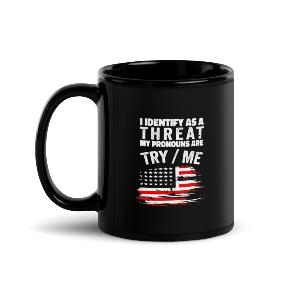 Black mug with text and American flag design weathered