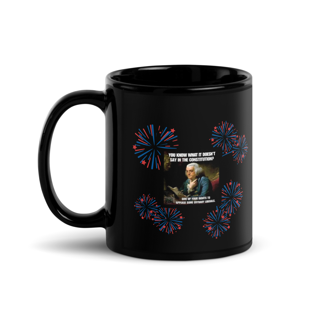 RT. Handed 11OZ. Black mug with a graphic design featuring fireworks and text
