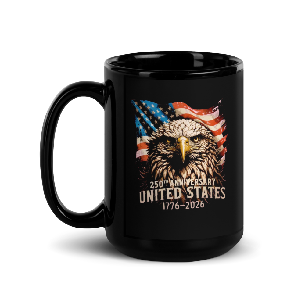 250 Years of Freedom Patriotic Eagle Black Glossy Mug