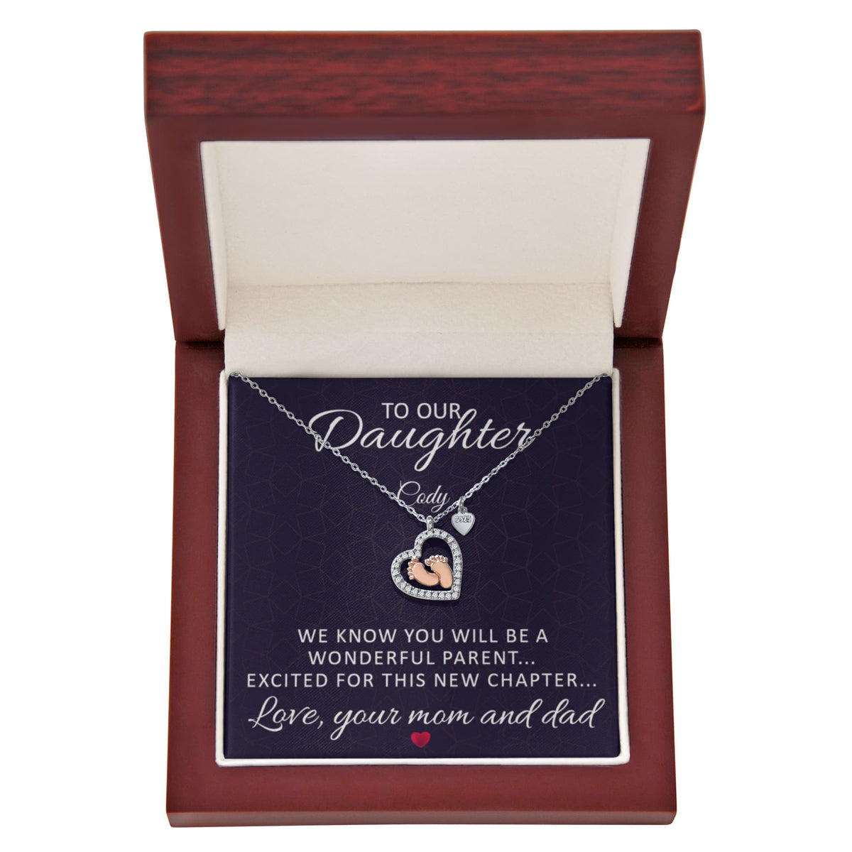💕 To Our Daughter – Baby Feet Heart Necklace (Personalized MC)