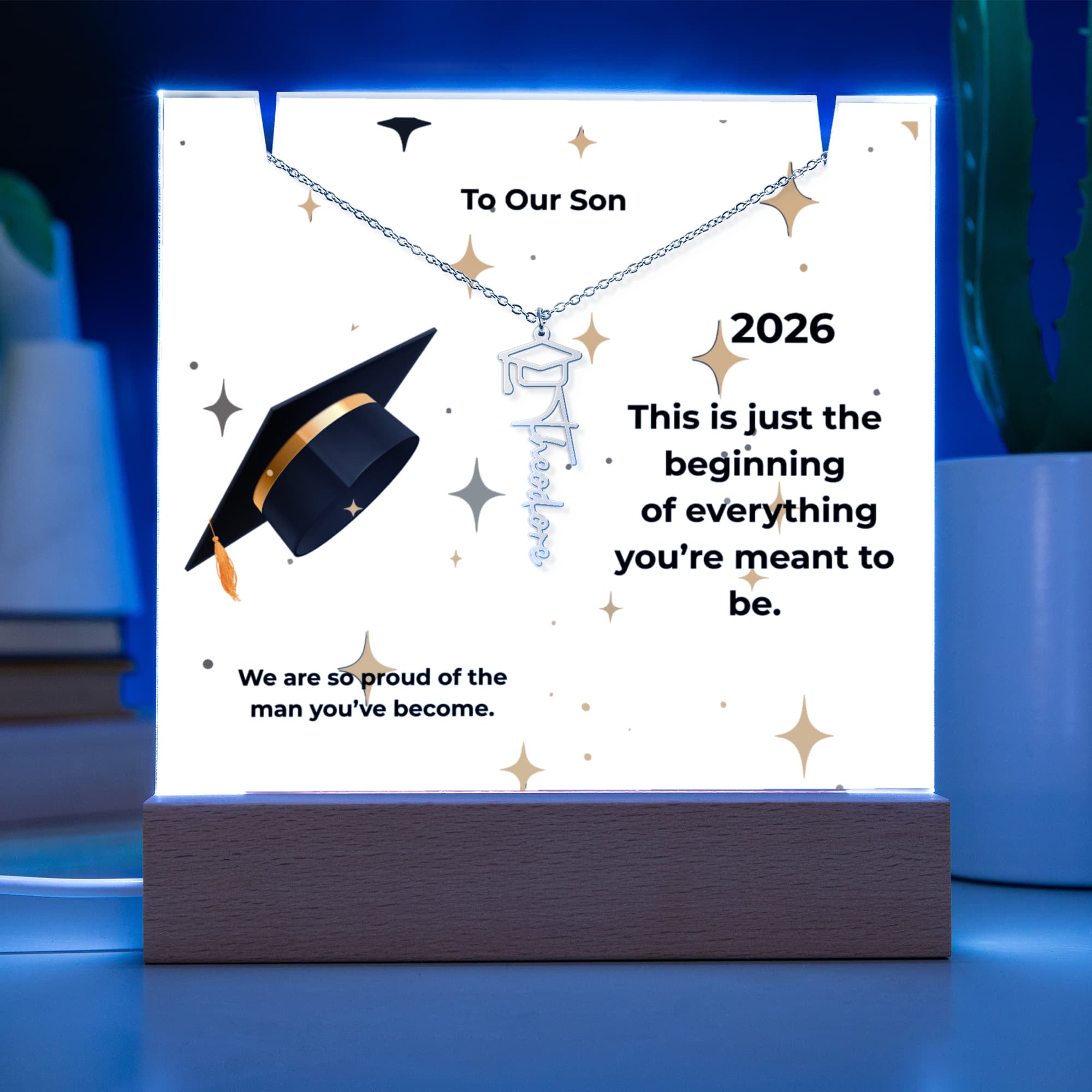 “To Our Son – Graduation Keepsake Acrylic Gift with Name Necklace”