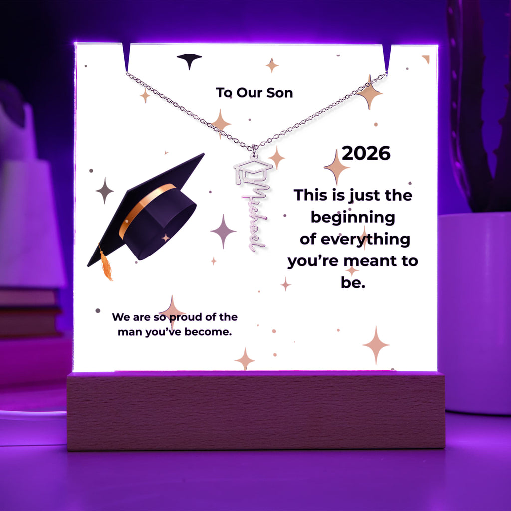 “To Our Son – Graduation Keepsake Acrylic Gift with Name Necklace”