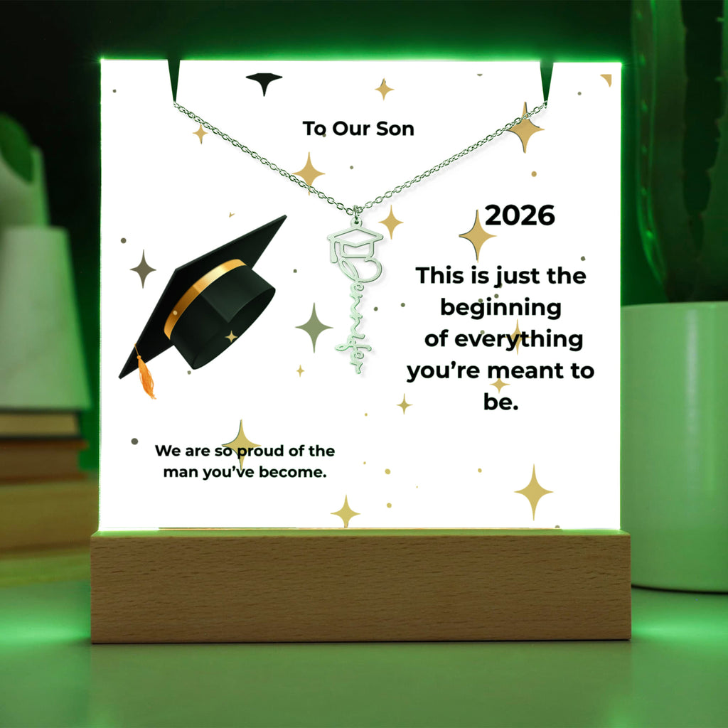 “To Our Son – Graduation Keepsake Acrylic Gift with Name Necklace”