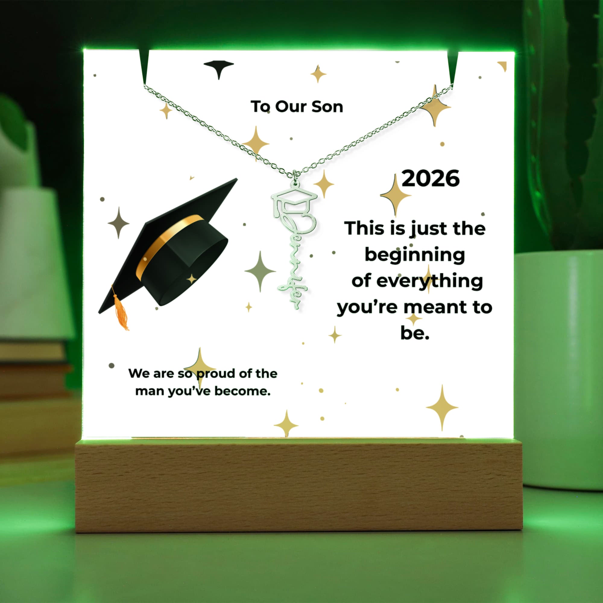“To Our Son – Graduation Keepsake Acrylic Gift with Name Necklace”