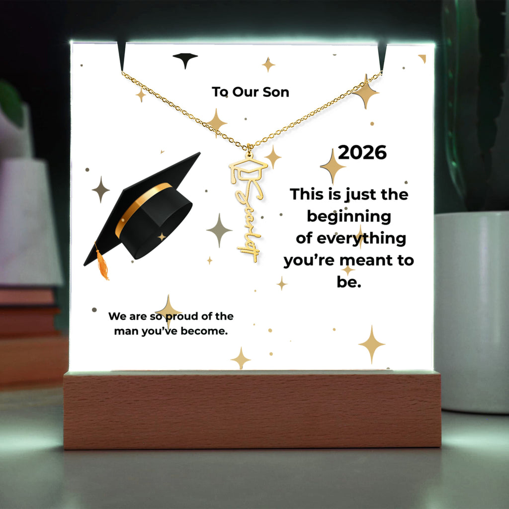 “To Our Son – Graduation Keepsake Acrylic Gift with Name Necklace”